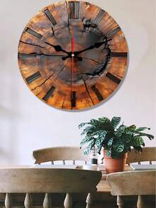 1pc 10"/12" 2D Flat Vintage Wooden Clock With Tree Rings Pattern - Round Wooden Wall Decor With Classic English Numbers, Suitable For Home Decor, Retro Style Wall Clock - B - View 8