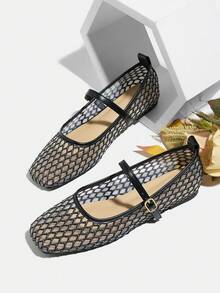 女士舒适套脚平底鞋，欧美风玛丽珍平底鞋，春夏透气网面芭蕾舞鞋，方头镂空软底鞋 - 黑色 - 查看 1