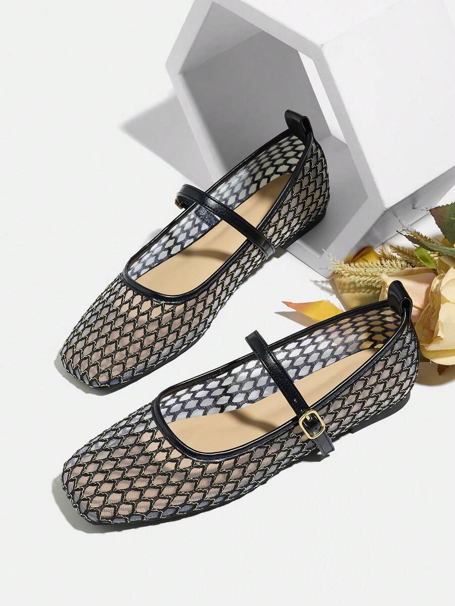 女士舒适套脚平底鞋，欧美风玛丽珍平底鞋，春夏透气网面芭蕾舞鞋，方头镂空软底鞋 - 黑色 - 查看 1