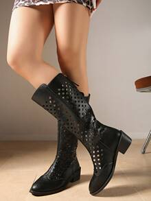 白色尖头粗跟过膝长靴，V 领设计显瘦，镂空网眼夏季西部牛仔女靴 - 黑色 - 查看 2