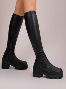 Botas Largas De Mujer Con Tacón Grueso Y Suela Dentada, Botas Altas De Piel Sintética Estilo Casual A La Moda Con Cierre Lateral,Botines casuales de mujer cowgirl botas de piso para mujer calzado casual botas estilo botas western cowboy de tacón bajo suela antideslizante acojinadas botas para fiestas texanas desierto jaripeo festivales trabajo escuela botines cortos casuales botines cortos botas womens boots shoes MODA Cremallera lateral ANUDADO Hebilla Vacaciones,Botas altas de mujer estilo ecuestre vintage piel punta fina tacón grueso con cremallera western para oficina y otoño/invierno,Día de San Valentín - Negro - Ver 3