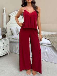 2 piezas Conjunto de lencería sexy para mujer, camiseta sin mangas de unicolor con tirantes ajustables emparejada con shorts cómodos y elásticos, conjunto de ropa de dormir con encaje, elegante y refinado, adecuado para fiestas, regalo del Día de San Valentín - Burdeos - Ver 3