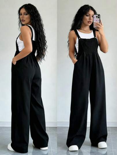 Pantalones overoles vaqueros con tirantes negros rectos para mujer, jeans sueltos de mezclilla, diseño con bolsillos delanteros, estilo chévere