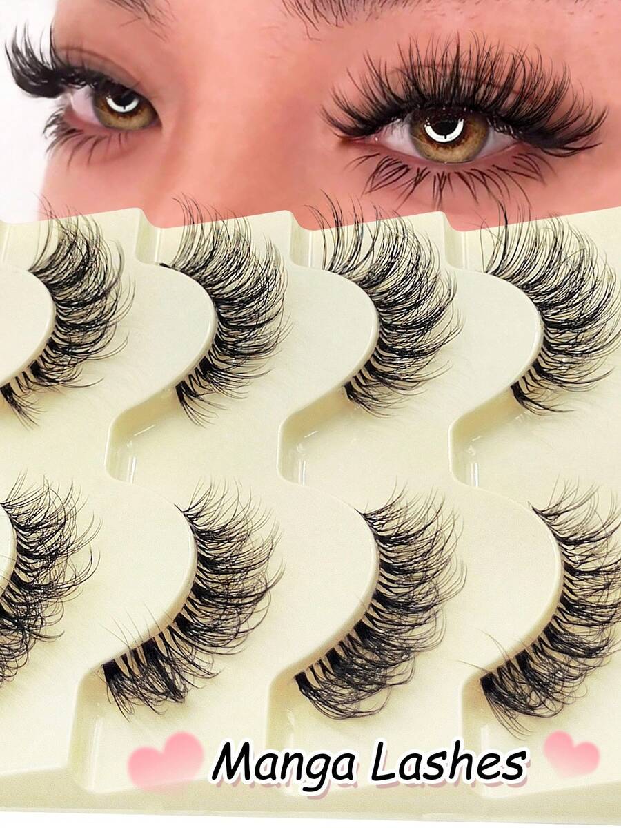 5 Pairs Manga Lashes False Eyelashes Faux Mink Lashes, Natural Look Soft Fluffy Lash Extension, Comic Eye Clear Band Natural Invisibility Comfortable Reusable Natural Lashes, Simple Easy To Operate Anime Lashes - Black - View 1