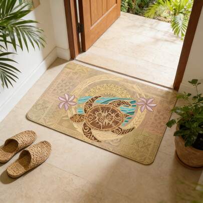 1 件装复古萨摩亚海龟图案浴室地垫 - 家居装饰的完美之选 - 长方形，可机洗，适合家居入口装饰，室内门垫，沙滩主题耐用地垫
