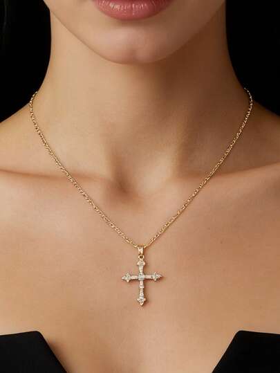 1件优雅锆石镶嵌十字架吊坠项链，14K镀金铜质吊坠项链，适合女士日常及派对佩戴