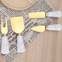 Golden Stainless Steel Cheese Knife And Fork Minimalist Ins Style Butter Knife Pizza Marble Patterned Handle Baking Tool Set - Gold - View 8
