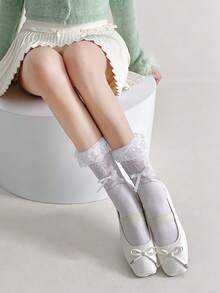 1/3 双春夏薄款过膝袜，芭蕾舞鞋款中筒袜，洛丽塔蝴蝶结袜，网眼镂空堆堆袜，隐形袜，蕾丝边直筒袜 - 彩色 - 查看 4