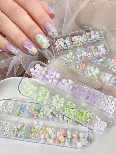 12/6 Grids Mixed 3D Rose Flower Nail Charms With Butterfly Leaves & Pearls, Colorful Resin Nail Art Accessories Set, Cute Kawaii Floral Nail Decorations For DIY Manicure, Acrylic Nail Supplies For Nail Salon, Perfect For Spring Summer Nails, Wedding Party Beach Gift For Nail Lovers