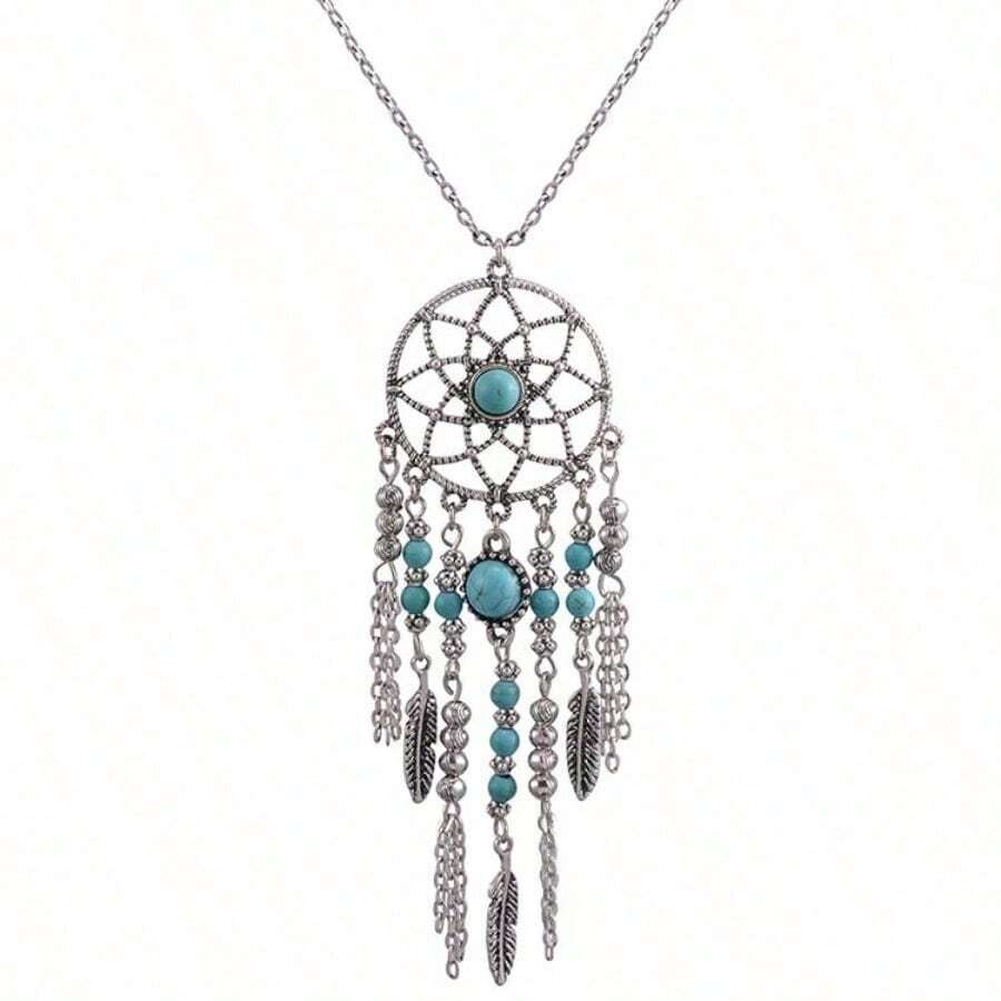 European And American Dream Catcher Necklace Feathers Turquoise Metal Leaves Fringed Long Bohemian Item Jewelry - Turquoise Necklace - View 1