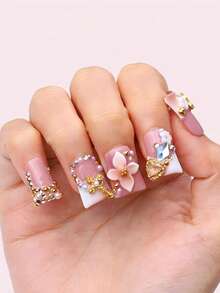 Handmade Sweet Luxury Short Duck Bill Press On Nails, Artisan Design, 3D Stereo Flower, Gold Butterfly, Heart Rhinestone, Pearl Chain Details, High-Gloss Finish, Salon-Quality Reusable, Ideal Gift For Noble Style Enthusiasts Summer - 彩色 - 查看 2