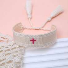 1pc Embroidered Cross Boho Handmade Woven Tassel Bracelet - Apricot - View 5