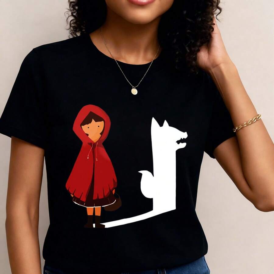 Camiseta de mujer 1 pieza, 100 % pura y cómoda, con estampado de patrón de silueta de moda de Caperucita Roja y lobo, cómoda, suave y transpirable, top casual de verano, lavable a máquina, tema abstracto de cuento de hadas, de moda y versátil, T- 1pcs, 180Gsm, 100% Cotton - Negro - Ver 1
