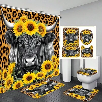 1pc/4pcs Animal & Sunflower Pattern Multifunctional Bathroom Decor Shower Curtain Set, Free 12 Hooks Included, Elegant Holiday Atmosphere, Bathroom Mat, U-Shaped Toilet Mat And Round Toilet Mat, Suitable For All Scenarios Bathroom Set