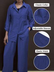 Slim-Fit Polo Collar Casual Cardigan, Versatile Solid-Color Stylish Shirt For The Beach, Everyday Wear, Work, Soft And Comfortable Fabric; Loose-Fitting Elastic-Waist Pants - 亮藍色 - 查看 2