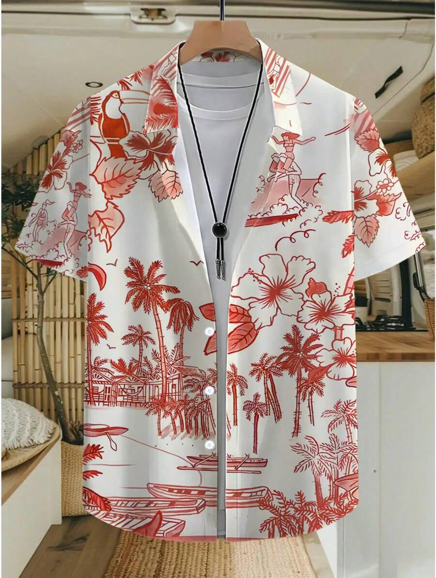 Tropical Island Art Depicting Palm Trees Huts Surfing Waves And Toucan Parrots Brings A Relaxed Coastal Spirit Men's 3D Printed Short Sleeve Hawaiian Shirt Casual Beachwear - 白色 - 查看 1