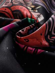 宇航员印花七分袖长袍，功能性宽松防晒开衫，男士日式衬衫 - 黑色 - 查看 3