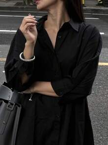 Women's Daily Commute Oversized Button Down Shirt 2026 Fall Spring Lapel Neck Long Sleeve Loose Fit Longline Shirt For Office Wear Layering Outing - Black - View 7