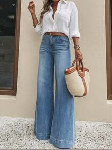 pierna ancha casual para mujer, de estilo largo elegante y de moda, con bolsillos, de tela lavada con estiramiento medio para primavera - Azul lavado medio - Ver 1
