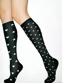 6双装男女通用弹力压缩袜，小腿支撑运动袜，黑色、白色条纹、纯色、心形图案，防静脉曲张 - 彩色 - 查看 2