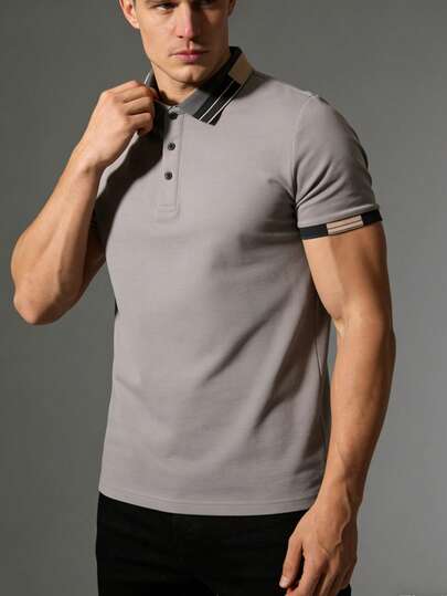 轻薄撞色领休闲商务POLO衫，时尚轻便商务POLO上衣，适合办公室或日常穿着。