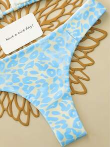 2pcs/Set Leopard Print Sexy Lace-Up Backless Swimsuit Bikini, Suitable For Beach, Stage Performance, Summer Vacation - Mint Blue - View 7