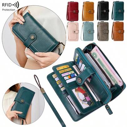 Secure RFID Blocking Large Capacity Three Fold Multi-Card PU Solid Color Zipper Buckle Wallet Multi-Functional Europe And The United States New Retro Women's With Wrist Strap Valentine's Day Gift For Wife And Girlfriend For Women Wallet Purse Wallet Long Wallet