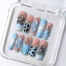 DiDa Nails 10 PCS Handmade Medium Square Press-On Nails | Pink-Blue Gradient 3D Silver Floral Bangle Sweet Girl Style With Pink-Blue Bases, 3D Silver Floral & Gold Bangle Embellishments - Màu xanh bạc hà - Xem 8