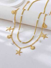 2pcs Bohemian Style Ocean Series Shell & Starfish Beaded Waist Chain For Women - 黃金2 - 查看 3