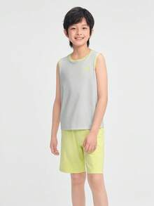 Balabala Bộ đồ ngủ mùa hè cho bé trai, trẻ nhỏ, gồm áo ba lỗ không tay và quần short, chất liệu nhẹ, thoáng khí. - Vàng xám - Xem 4