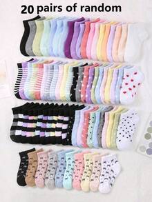 20 pares de calcetines cortos para niños: colores de caramelo, lazo de encaje, estampado de corazón, rayas, suaves y cómodos, casuales y versátiles, calcetines escolares - adecuados para uso diario, colores aleatorios mezclados - Multicolor - Ver 16