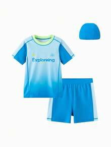 Balabala Big Boys' New Summer Two Pieces UV Protection Rash Guard Swimsuit Set - Blue Tint - View 1
