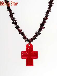 1 chiếc vòng cổ hạt đá garnet tự nhiên kiểu punk cổ điển, bất đối xứng, kèm mặt dây chuyền hình chữ thập đỏ, thích hợp cho phụ nữ đeo hàng ngày hoặc tại các lễ hội âm nhạc. - vòng cổ chữ thập đỏ - Xem 2