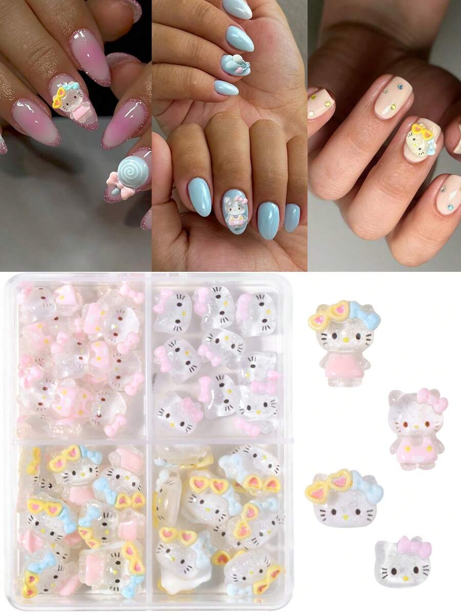 SANRIO 40pcs/Set Cartoon Nail Art Decorations, 4 Styles Pink Cat Pattern Mini Flat Rhinestone Nail Decals - View 1