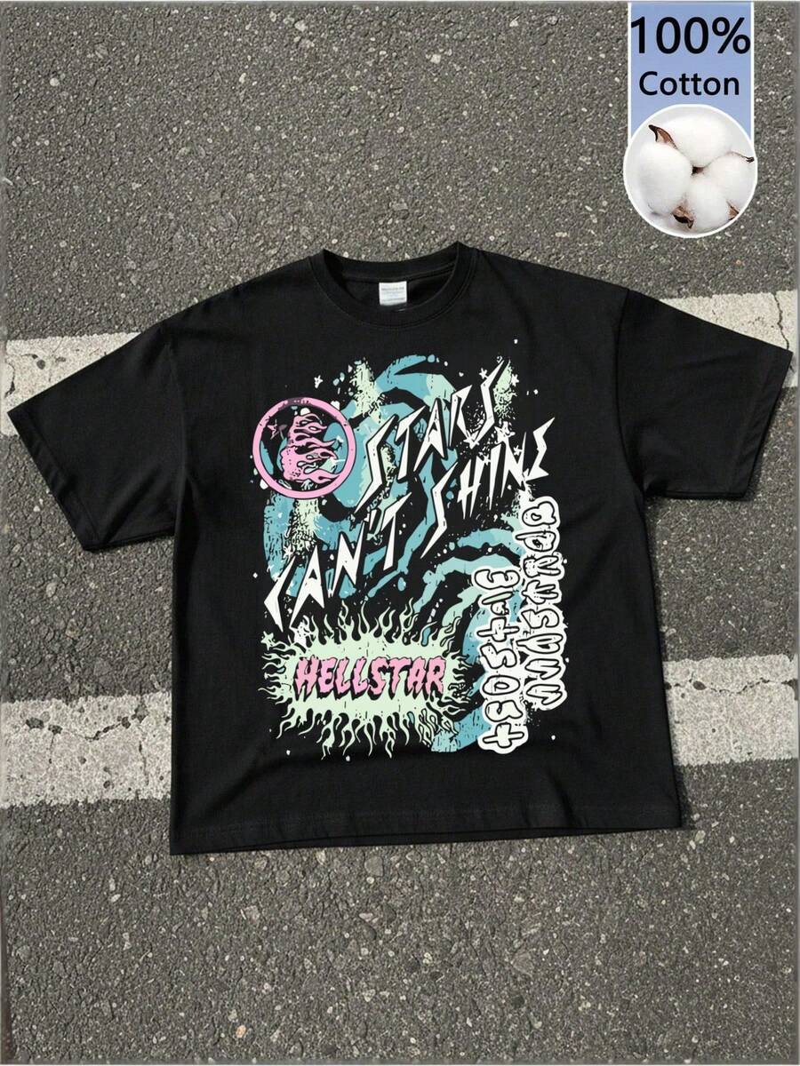 Hellstars Stars Can't Shine Galaxy Y2K Graphic T-Shirt,220g 100% Cotton,Round Neck Short Sleeve,Black Streetwear Essential For Summer Going Out,Unisex Style - 黑色 - 查看 1