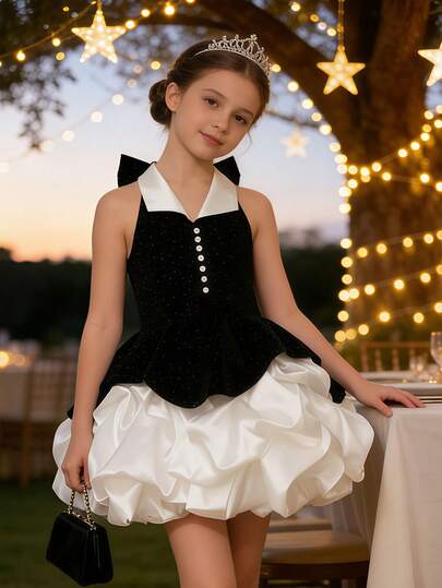 Girls' Retro Elegant Black & White Contrast Collar Ruffle Bow Tie Dress, Suitable For Formal Occasions, Parties, Weddings, Vacations, Easter