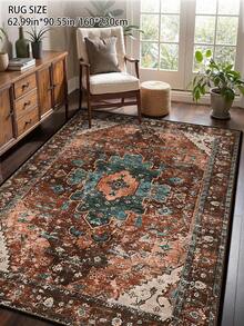 1pc Red Vintage Distressed Persian Style Rug, Polyester Fiber Rectangular Easy Care Machine Washable Carpet, Suitable For Hallway, Bedside, Living Room, Bedroom Home Decor Area Rug - Multicolor - View 15