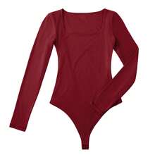 OMKAGI  Women's Long-Sleeved One-Piece Dress With A Sexy And Form-Fitting Triangle Thong Panty And One-Piece Top - 酒紅色 - 查看 2