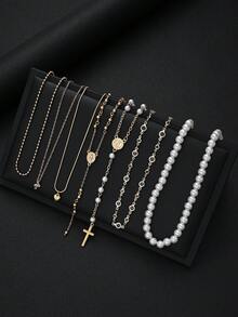 3/7件套时尚简约优雅波西米亚风仿珍珠水晶十字心形吊坠项链套装，适合女性度假、派对、宴会、节日、生日、日常佩戴 - 金黃色 - 查看 5