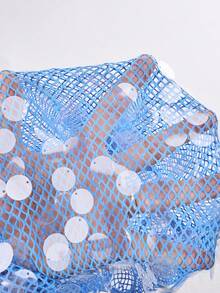 Yuwenier 优雅闪亮亮片吊带针织迷你连衣裙，深V领露背设计，透视网纱针织面料，饰有大圆盘亮片，修身剪裁，适合海滩度假派对和夏季度假穿着。 - 藍色 - 查看 8