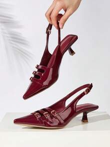 Women's Pointed Toe Breathable Fashion Buckle Kitten Heel Slingback Sandals With Backstrap - Burgundy - View 2