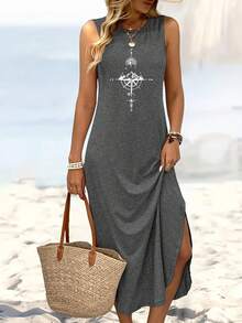 [Compass Print Tank Dress] Comfortable Sleeveless Tank Dress With Compass Print - Casual Long Sleeveless Midi Dress For Women, Lightweight Polyester, Perfect For Beach Outings, Hiking, And Casual Attire, Casual Wear Dress| Relaxed Fit Dress| Minimalist Design - 橘色 - 查看 6