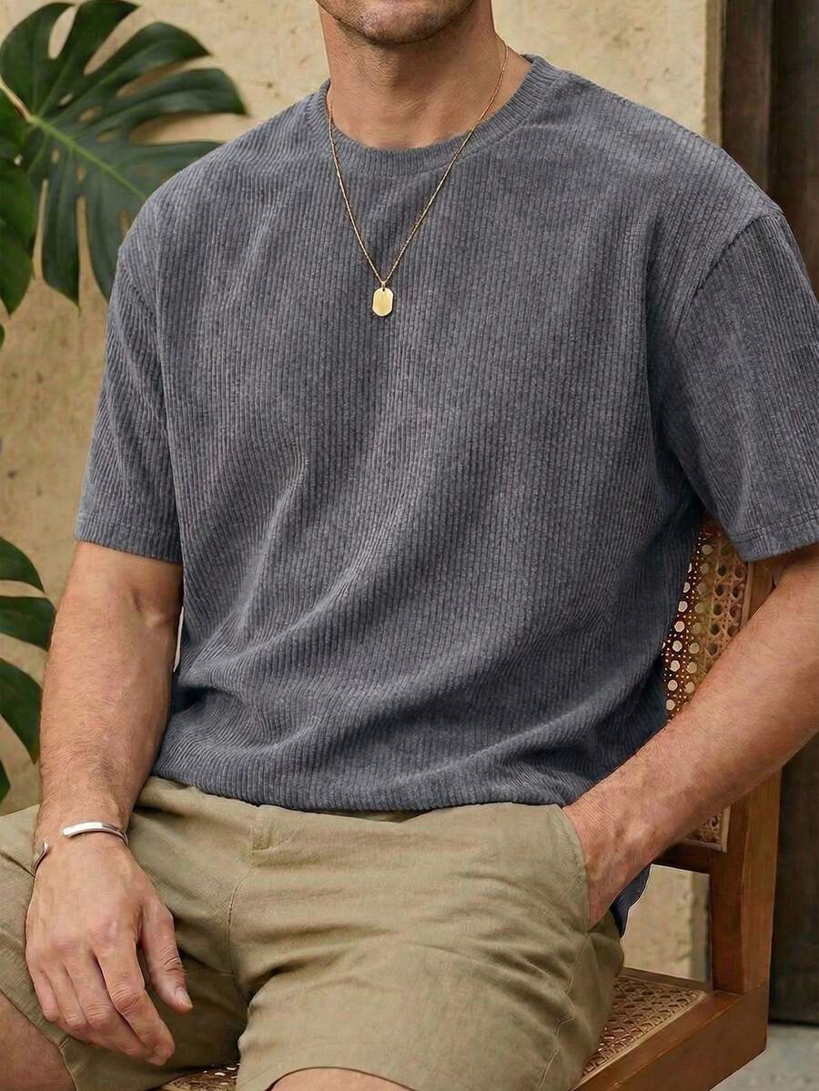 男士休闲宽松圆领短袖T恤，灰色