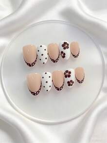 10 piezas de uñas acrílicas de aplicación manual, uñas cortas desmontables con forma de almendra, decoración minimalista linda de estilo Y2K gótico punk, café, oro, perla, ciruelo, tallado 3D, teñido anudado, lunares, manicura francesa, adecuado para Año Nuevo, Día de San Valentín, Día de la Madre, citas, fiestas, vacaciones, primavera, verano, otoño, invierno, decoración esencial de maquillaje de mujer, regalo favorito de mujer - Café integral - Ver 10