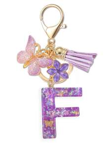 1个紫色蝴蝶字母钥匙扣，饰有闪亮亮片、流苏和珐琅花朵吊坠，时尚手提包挂件，母亲节礼物 - 淡紫色 - 查看 26