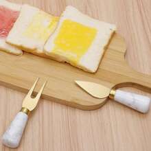 Golden Stainless Steel Cheese Knife And Fork Minimalist Ins Style Butter Knife Pizza Marble Patterned Handle Baking Tool Set - Gold - View 3