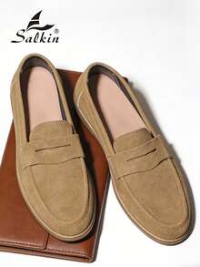 Salkin Mocasines de diseñador para hombres, zapatos casuales de ante sintético, suaves, cómodos, transpirables, antideslizantes, planos, versátiles para trajes, estudiantes, graduación, negocios, fiestas, bodas, primavera/verano/otoño, tallas grandes, múltiples colores disponibles. Nota: Corre pequeño, por favor pida una talla talla grande. Elegancia de dinero viejo otoño - Caqui - Ver 2