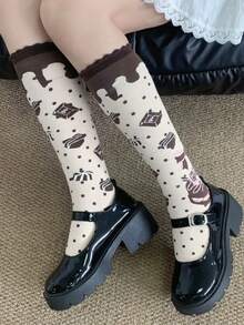 1/3 双新款巧克力曲奇蛋糕甜美洛丽塔荷叶边过膝袜 - 彩色 - 查看 4