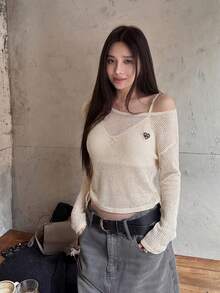 Summer New American Hot Girl Style One-Shoulder Asymmetric Mesh Knit Top – Cropped Cutout U-Neck With Drawstring Tie - Apricot - View 5