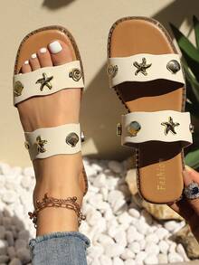 Sandalias planas de diapositiva con doble correa, decoración de metal con estrella de mar y concha, apropiadas para adolescentes, con suela suave antideslizante y punta abierta, estilo romano, para vacaciones de verano en la playa - Albaricoque - Ver 1